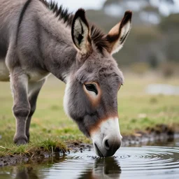 close up photo of a donkey, drinking water from a lake in tasmania, bokeh, 4 k award winning nature photography