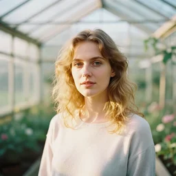 A head and shoulder 3/4 portrait photograph of a woman inside a greenhouse by Flora Basi. pastel colors. Lomography CN 100 film. Mamiya 645. highly detailed. hq. photoreal. Golden hour. Sunshine.