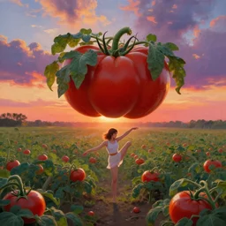 giant tomato plant in front of head, full body girl dancing in a tomato garden, surreal photography, sunrise, dramatic light, impressionist painting, colorful clouds, digital painting, artstation, simon stalenhag