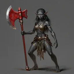 dark grey skinned female goblin with an oversized red battleaxe, pointy nose, lanky, d & d, fantasy, highly detailed, digital painting, trending on artstation, concept art, sharp focus, illustration, global illumination, shaded, art by artgerm and greg rutkowski and fuji choko and viktoria gavrilenko and hoang lap