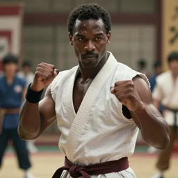 a film still of a black man starring in a japanese blockbuster film as yoshimitsu from tekken, shallow depth of field, cinematic, award winning cgi, vfx, film still