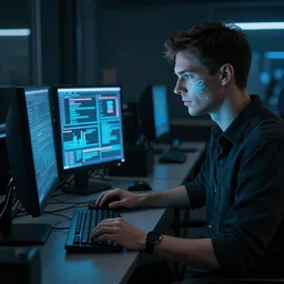 a man sitting in front of a computer screen, glow on face, connected with wires to computer, https://i.ibb.co/Wz2Fw91/sebastian-szmyd-vhs-cyberpunk-2.jpg