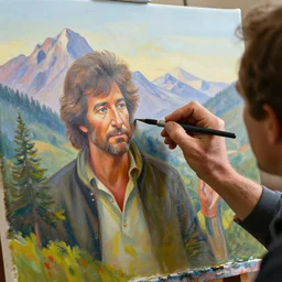 a closeup photorealistic photograph of bob ross completing a canvas painting of kenny powers. mountains and trees. film still. brightly lit scene. this 4 k hd image is trending on artstation, featured on behance, well - rendered, extra crisp, features intricate detail, epic composition and the style of unreal engine.