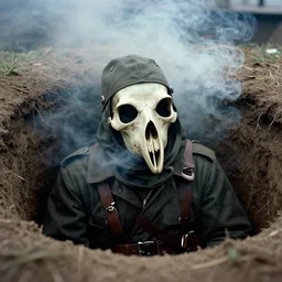 smoke,!!! colored photography, wwi plague doctor bone mask over a dug out trench, dramatic light, zdzidaw, ultrafine, hyperrealistic, 3 2 k, 3 5 mm film still, movie