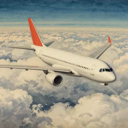 Airplane flying in the clouds, Japanese style painting, highly detailed