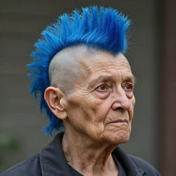old woman with a blue mohawk, realistic, 8 k, extremely detailed, cgi, trending on artstation, hyper - realistic render, 4 k hd wallpaper, premium prints available, by greg rutkowski