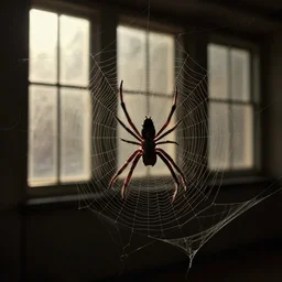 Spider stealing past softly through the shadow of the evening sun, background of windows of the blissfully dead, a tangle of spider webs, surrealistic, drak, by Jeffrey Smith and Dan Mumford and Harumi Hironaka, trending on artstationhq
