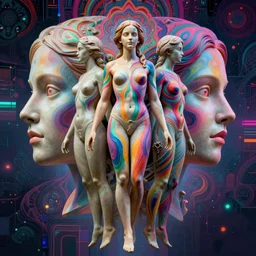 full body statue of Emma Watson by Jean-Baptiste Carpeaux and Luo Li Rong and Michael James Talbot, all body, floating in space. perfect symmetrical face, colorful, psychedelic psychedelic psychedelic colors, fresh rainbow bodypainting, synthwave, in full growth, elegant, realistic, 8K, female full-skin figure, hyperrealism, subsurface scattering, raytracing, rim light, Octane Render, Redshift, Zbrush, H R Giger, Zdzisław Beksiński, complex psychedelic glitch background