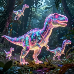 spectral neon glowing holographic eldritch dinosaur holograms, foggy jungle in the background, vibrant fantasy concept art by greg rutkowski