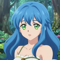 Anime girl with blue hair and green eyes, magical forest background, anime art, amazing detail, artstation