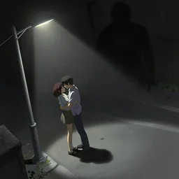 Pulp Noir dynamic dutch angle Twin Peaks artwork by Tomer Hanuka Rendering of two lovers embrace in the long shadows cast by the streetlight in secret as a dark presence looms, full of details, by Makoto Shinkai and thomas kinkade, Matte painting, trending on artstation and unreal engine