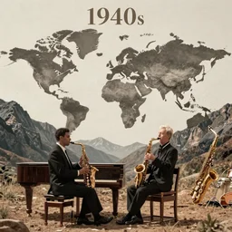 an landscape of a world where the mountains are saxophones and the ground is a piano, jazz, 1 9 4 0's