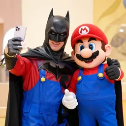 batman happy to take a selfie with mario