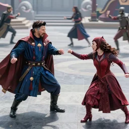 Action sequence still of Doctor Strange and Scarlet Witch on the battlefield, fighting, Trending on artstation, photorealistic image, photorealistic imagery, 4k, 8k, movie still, action still