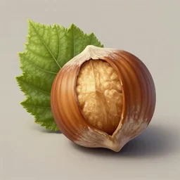 a hazelnut with green leaf, macro, fantasy, sharp focus, intricate, elegant, digital painting, artstation, matte, highly detailed, concept art, illustration, ambient lighting, art by Jonatan Iversen-Ejve