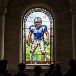 the temple of football, a crowd of fans, a stained glass window with the image of cristiano ronaldo, painted by greg rutkowski and noriyoshi ohrai and michael kaluta, 8 k, high quality