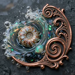 art nouveau cresting oil slick waves, ammonite, bubbles in a shiny iridescent oil slick wave, black opals, ornate copper patina art nouveau spiral ornament, rococo, organic rippling spirals, hyperdetailed photorealistic ultrasharp octane render