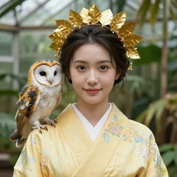 portrait photograph of an extremely beautiful!!!! young female , symmetric face!, symmetric round detailed eyes!!, slight smile, natural light, wearing a yellow kimono!! with a very detailed barn owl! on her shoulder in a tropical greenhouse. looking at the camera!!. golden crown made of golden leaves. super resolution. Extremely detailed. Graflex camera!, bokeh!!!!!. art by alphonse mucha