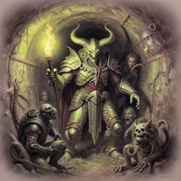 airbrush drawing macro sewer tunnel baphomet orcus hybrid, full bodied shot, random animal | viscera as god |, carapace armor, claustrophobically crowded into a deep sewer tunnel, enric torres, wayne d barlowe,, alberto bontempi, feng zu hyper realism, torch light, muted horror of puce lime colors, epic, hyper detailed,