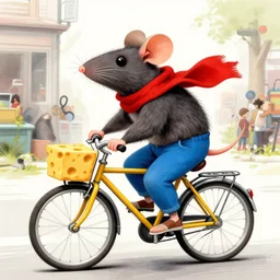 caricature of a cartoonish rat wearing red scarf and blue pants, it's riding a bike, bike is a swiss cheese model, fine details by stanley artgerm lau, wlop, rossdraws, james jean, andrei riabovitchev, marc simonetti, and sakimichan, trending on artstation