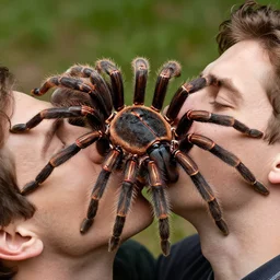 mega tarantula kissing a man, hyper realistic, photography