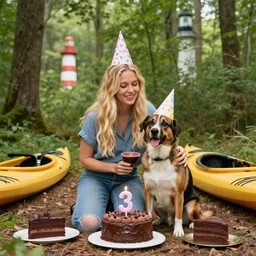blonde thirty years old balthazar and his dog okko with birthday hats, celebrating a birthday party in a forest, with chocolate cakes slices and kayaks, with a lighthouse in the background