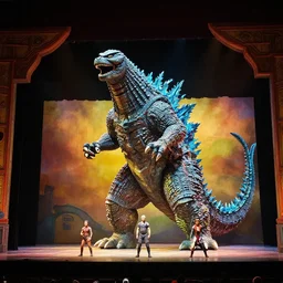 photo of a huge theaterstage, play is godzilla, 3 actors on stage, 8 k, multicolored, exaggerated detailed, long shot