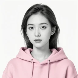 b&w sketch of a woman in pink hoodie, studio photo, close up