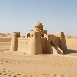 Real size castle made of sand in the middle of the desert, professional photograph,