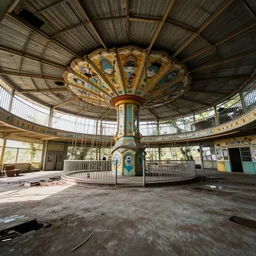 abandoned amusement park interior design, Greg Rutkowski, Zabrocki, Karlkka, Jayison Devadas, Phuoc Quan, trending on Artstation, 8K, ultra wide angle, pincushion lens effect.