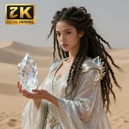 an anthropomorphic beautiful goddess female wizard portrait holding a crystal wearing robe in a sandstorms, dreadlock breed hair, fine art, award winning, intricate, elegant, sharp focus, octane render, hyperrealistic, cinematic lighting, highly detailed, digital painting, 8 k concept art, art by jamie hewlett and z. w. gu, masterpiece, trending on artstation, 8 k