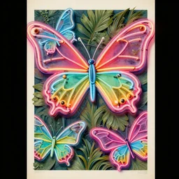 vintage botanical poster of bright neon signs in the shape of butterflies, extremely detailed, very intricate
