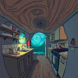 spiral lines, naive nerikomi, weird perspective, extra narrow, detailed illustration of a kitchen dim lit by flashlight in a scenic spiral environment by rhads from lorax movie, trending artstation, true color, fisheye