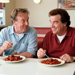 robin williams and John candy sit in a diner, plates of bbq sauce for lunch, photo
