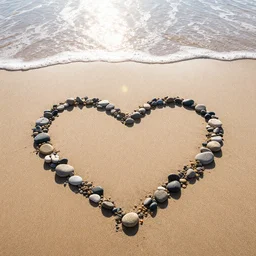 heart shape pebbles on a beach, sunny day, camera flare, water foam on the shore, beach day
