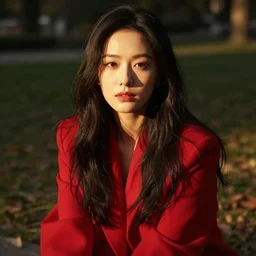 woman with long dark black hair wearing red clothing sitting in a park, beautiful, 8k, highly detailed, realistic, artgerm, sakimichan, rutkowski, trending on artstation, perfect face, portrait, high contrast, golden light, dramatic lighting,