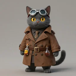 anthropomorphic dark grey cat alchemist + brown trench coat + potions on belt + goggles on forehead