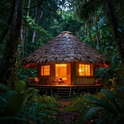 highly detailed realistic photo glowing hut in the middle of dark jungle, vibrant colors, award winning masterpiece photography, hyper realistic, concept art, 8 k detail post - processing