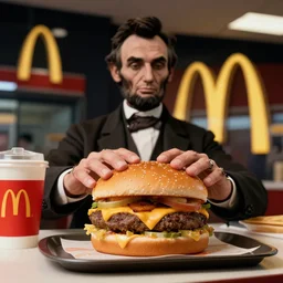 abraham lincoln ordering a cheeseburger at the mcdonalds counter at midnight, award - winning photography