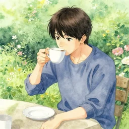 ryuichi tanaka drinking coffee in the garden. watercolor by the award - winning concept artist