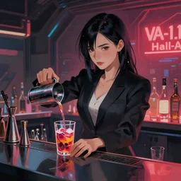 Jill Stingray, VA-11 Hall-A, digital painting, cyberpunk, bartending, dark hair, suit, mixing drinks, by Tetsuya Nomura