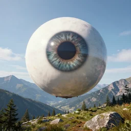 a giant eye ball in the sky in a mountain scape. unreal engine 5. photo - realistic