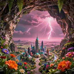 a ultra - realistic massive volume cave : 5, bright coloured natural flowers and ferns : 4, a miniature tiny futuristic city : 5, overlooking an endless plain with pink lightning clouds : 4, highly symmetrical, balanced, octane render, in the style of sahm : 3 hd, 4 k, ultra - realistic, in unreal engine