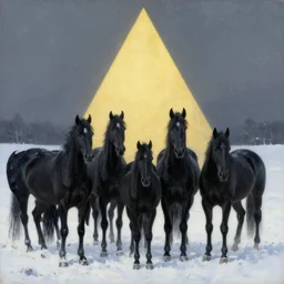 establishing shot by wes anderson, a beautiful race of black horses in the snow, by anders zorn, rule of thirds, golden triangle, masterpiece by greg rutkowski, intricate, elegant, highly detailed, oil painting, concept art, smooth, sharp focus, illustration, eerie beautiful cinematic, thomas lawrence, gurney,
