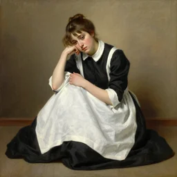 painting by Edmund Blair Leighton of a beautiful barmaid sitting on the floor, looking sad, detailed face, pulling her dress