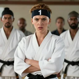 scarlett johansson with angry expression, wearing the number 1 headband, surrounded by 3 bandits in a dojo, she is holding a samurai sword ready to fight. 3 comic panel fight scenes. dramatic lighting, afro samurai anime style, pencil and ink manga drawing