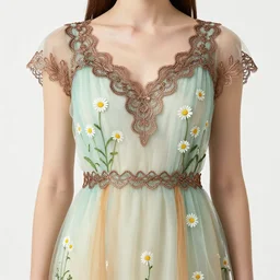 a delicate translucent mint and honey - colored dress with daisies growing out of it and bronze fantasy lace. hyper - realistic photo, clear details, beautiful woman. close - up. symmetrical body.