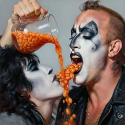 vin diesel pouring baked beans into the mouth of paul stanley in kiss makeup, an oil painting by ross tran and thomas kincade