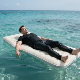 Elon musk laying on water matress, swimming in the sea and chilling, beatiful weather, shot from camera, hyper realistic professional photo, ultra hd