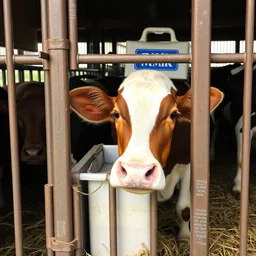 cow inside a cage watching a milk box
